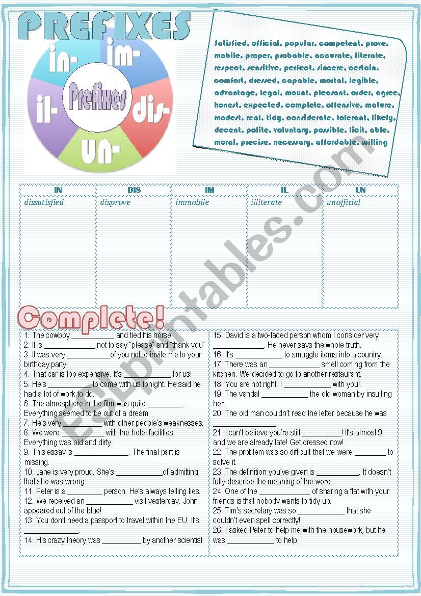 Prefixes worksheet