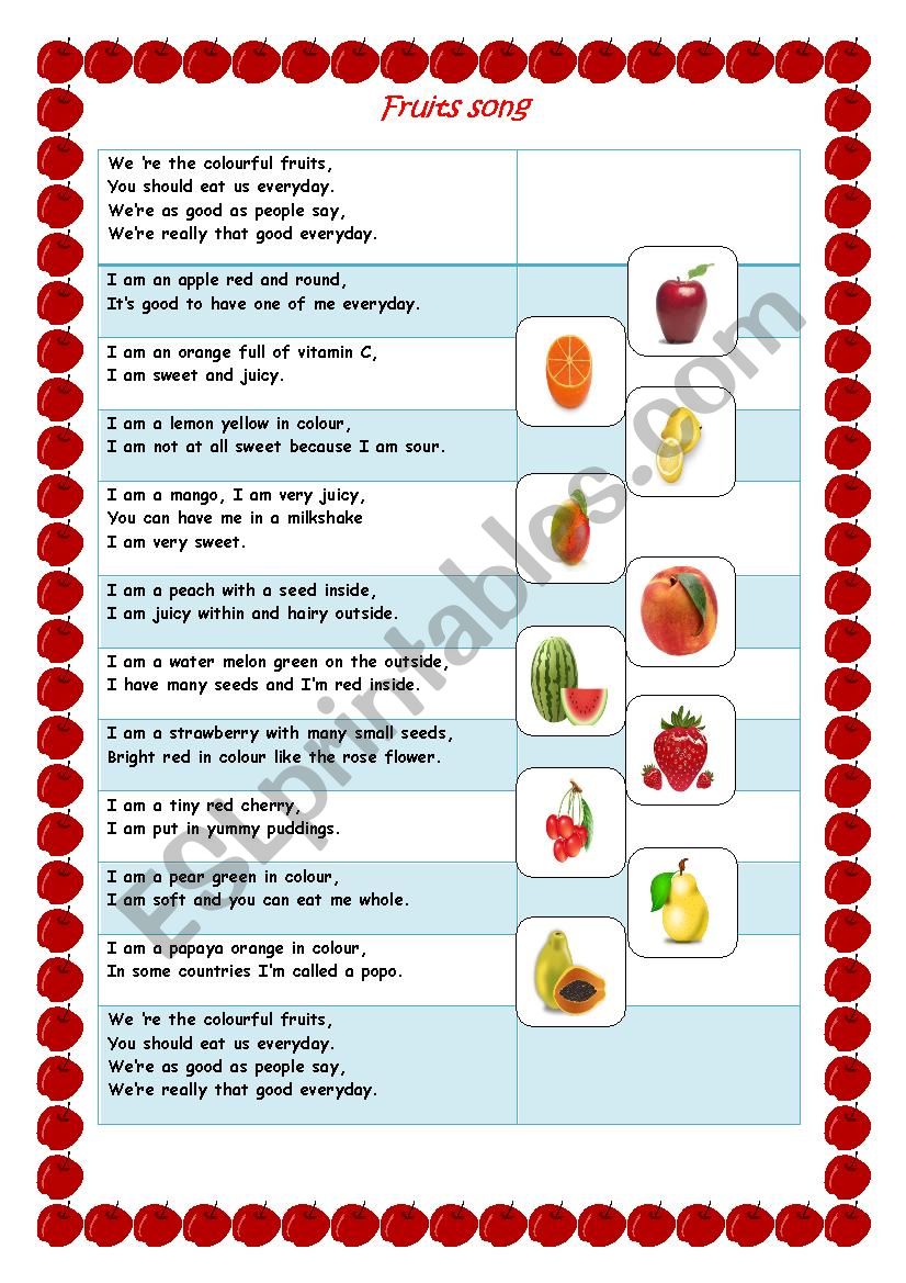 fruit song worksheet
