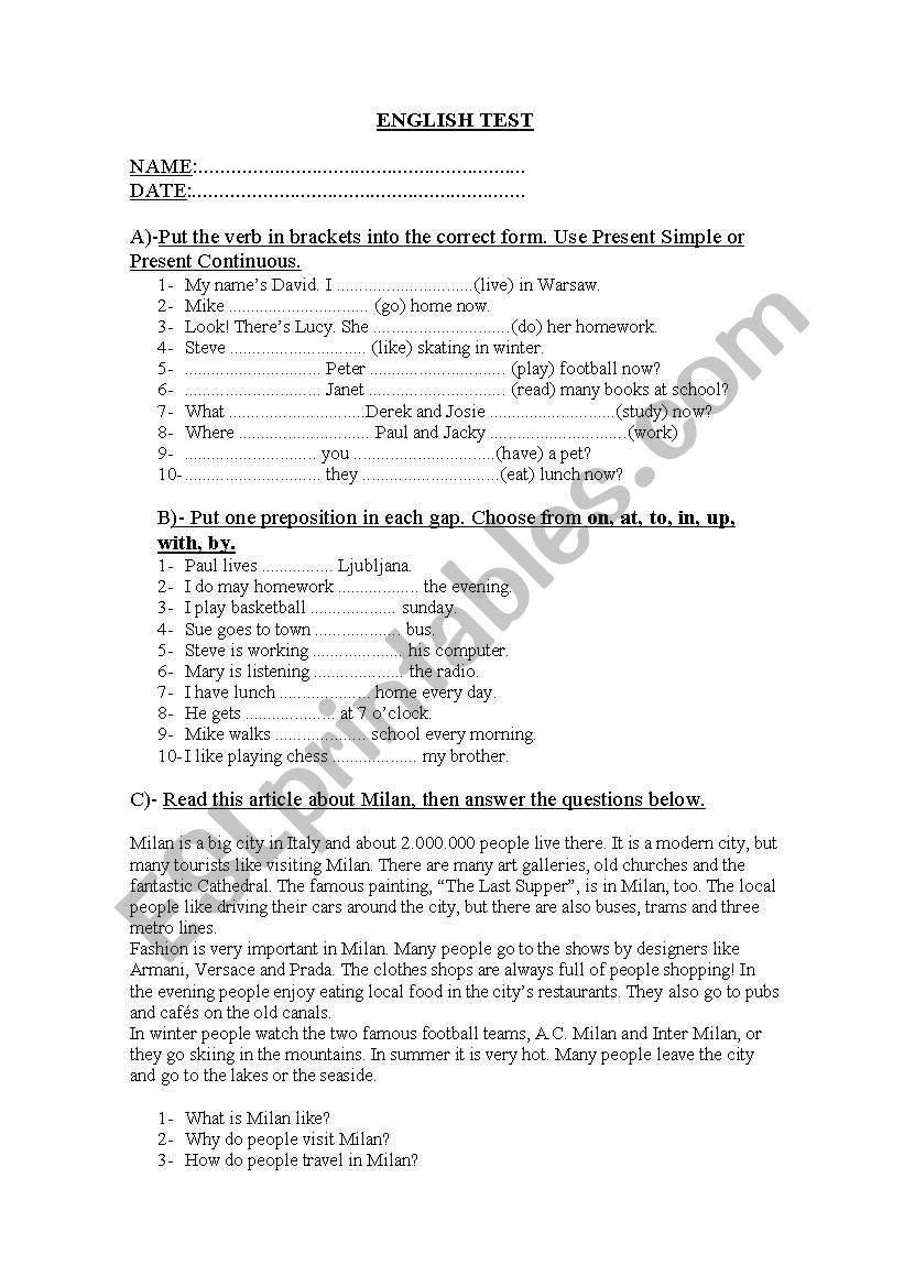 ENGLISH TEST worksheet