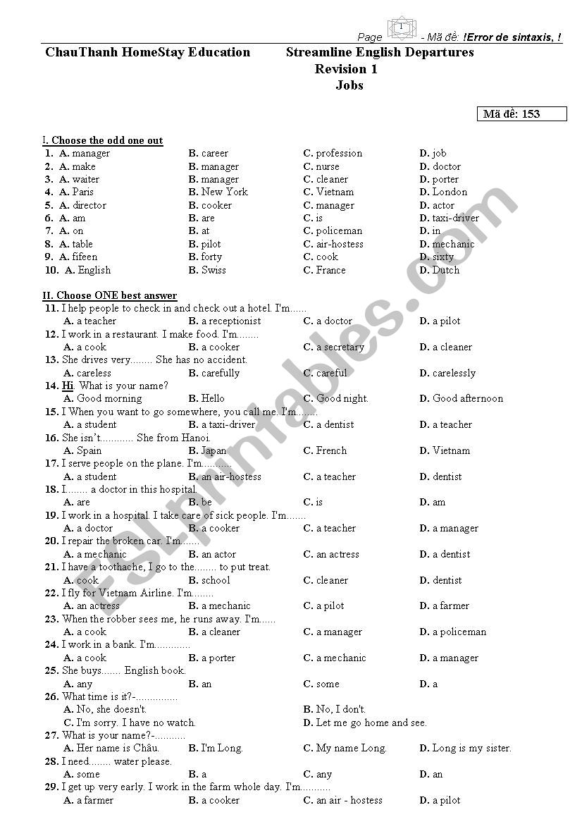 Multichoice Exercise worksheet
