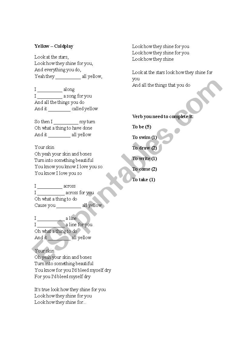 Simple Past Tense Excercise with Lyrics of Yellow by Coldplay