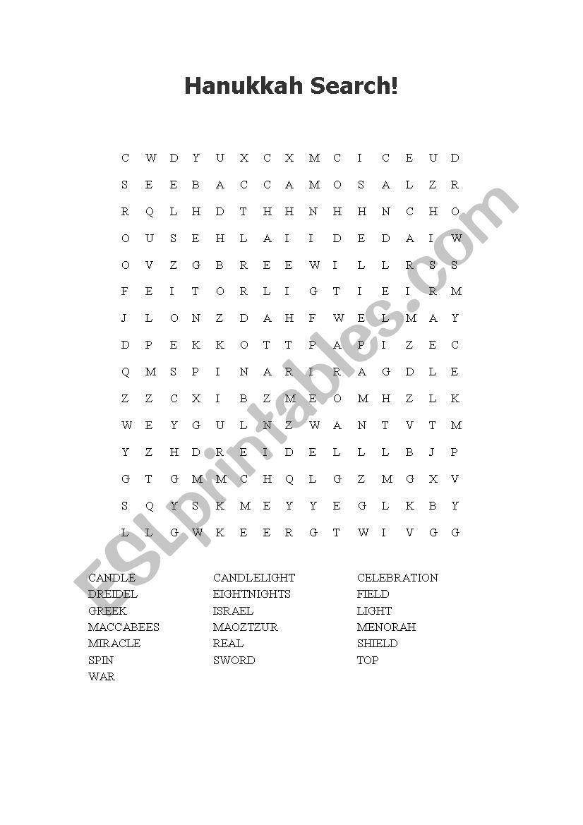 hanukkha  word search worksheet