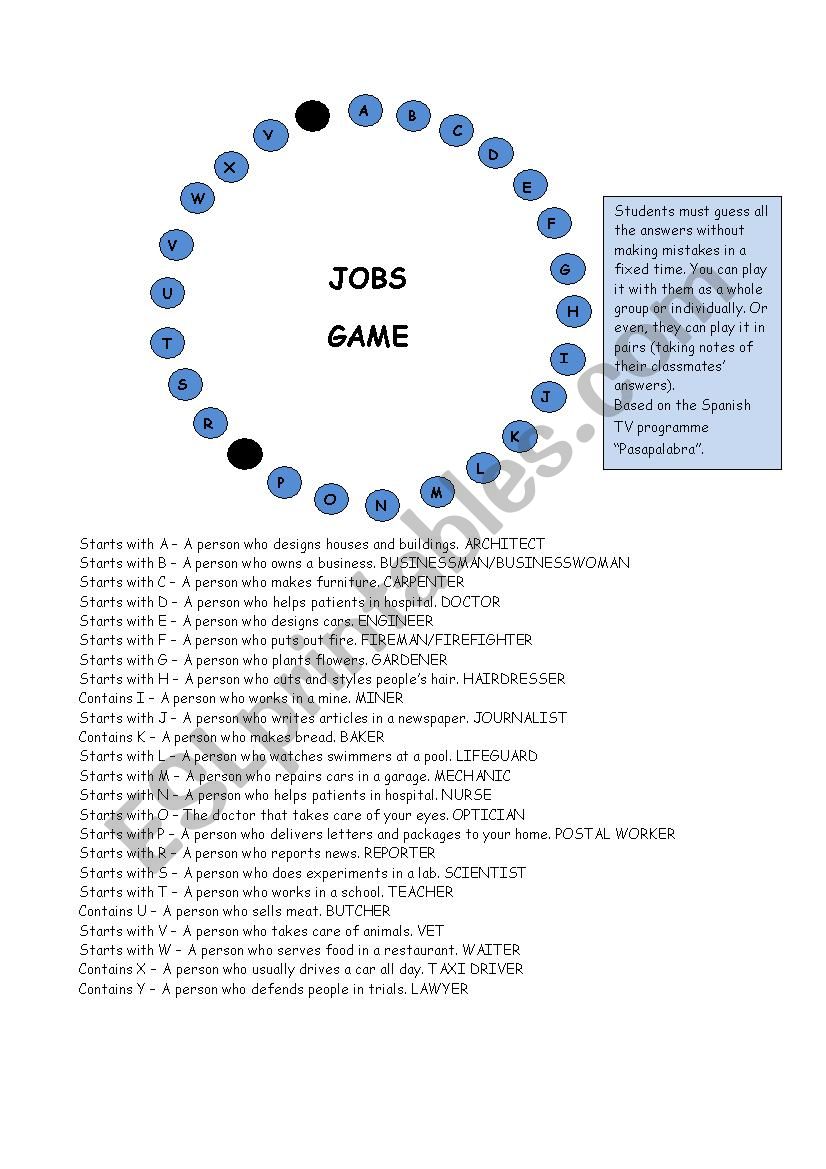 Jobs Game worksheet