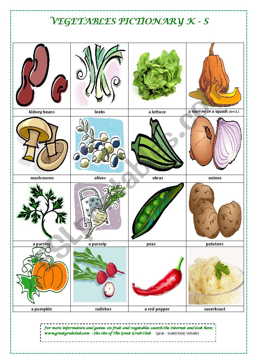 VEGETABLE PICTIONARY K - S worksheet