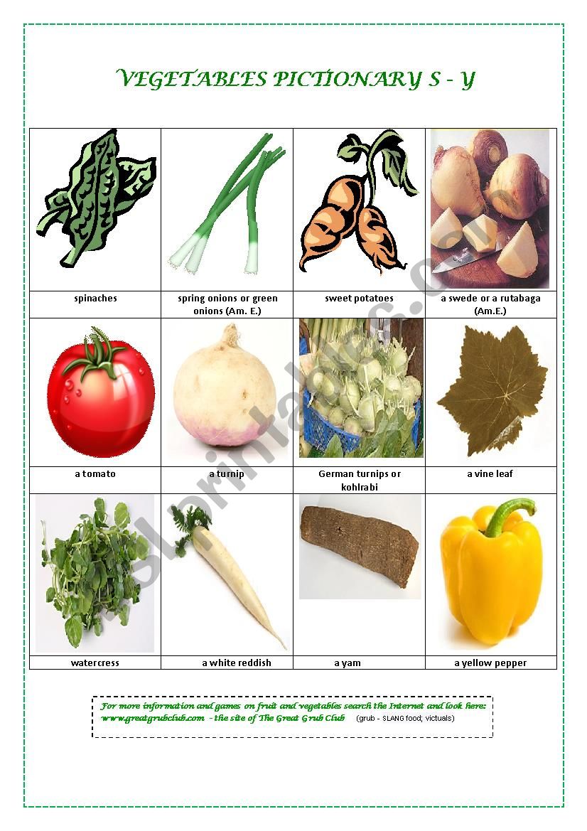 VEGETABLE PICTIONARY S - Y worksheet