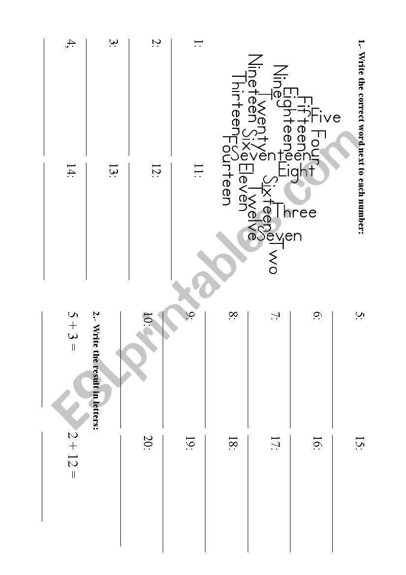 Numbers 1 to 20 worksheet