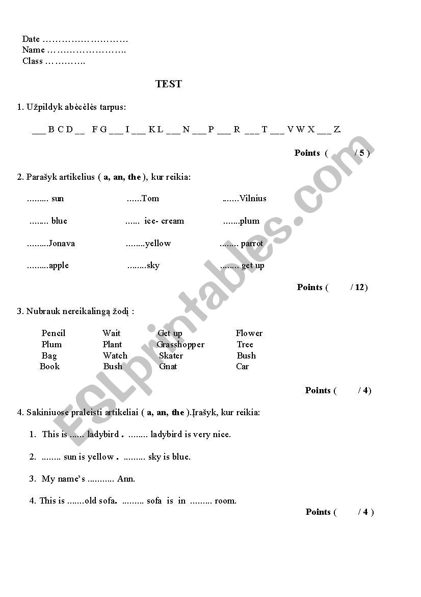 Test 3rd form worksheet