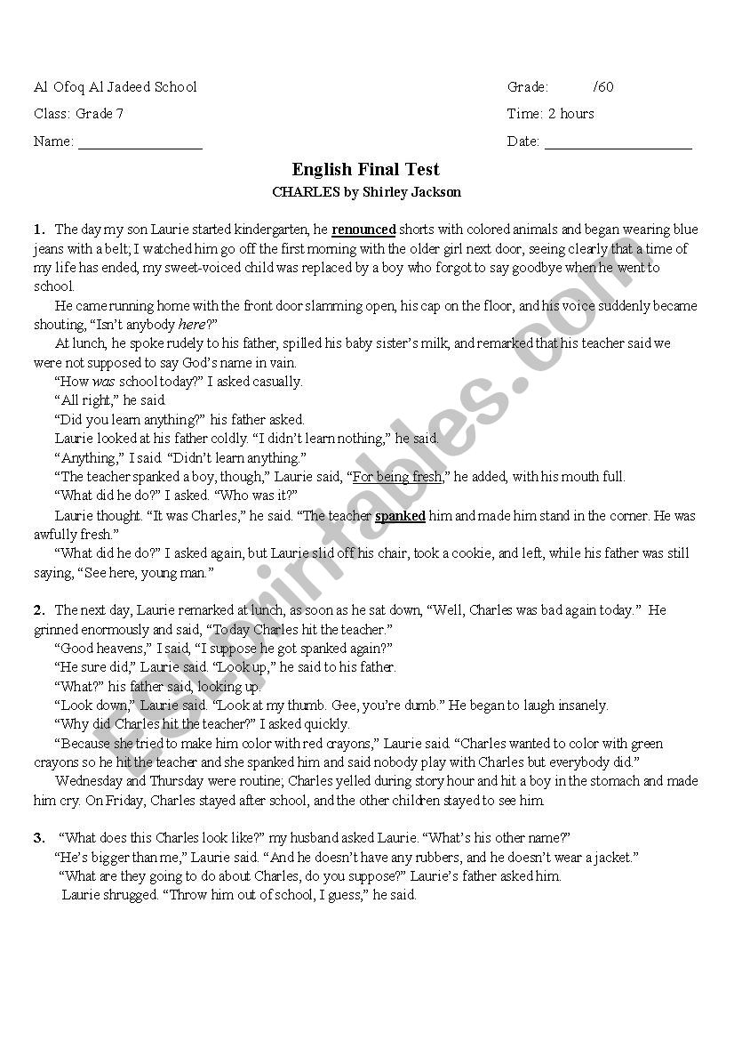 7th Grade English Exam worksheet