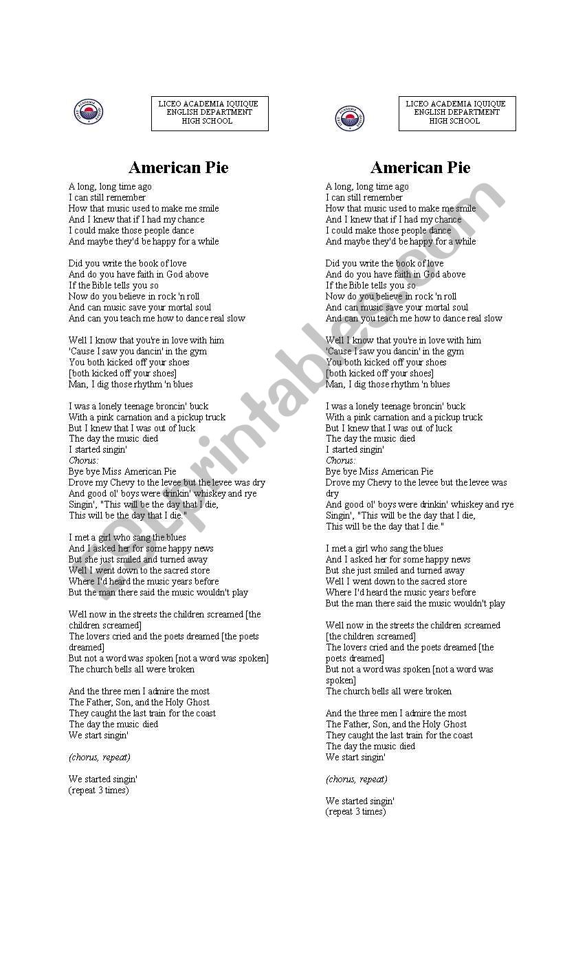 Song: American Pie worksheet