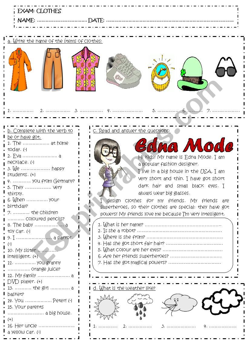 Exam: clothes worksheet