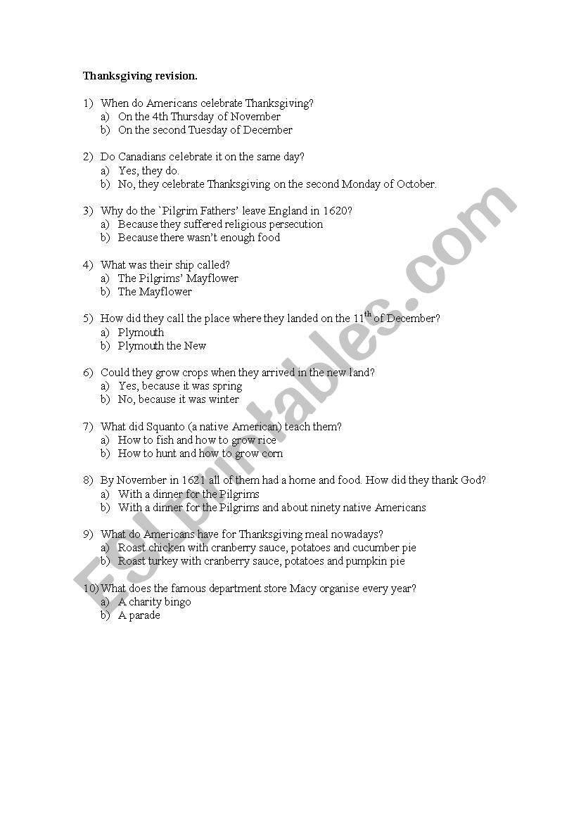 Thanksgiving revision worksheet