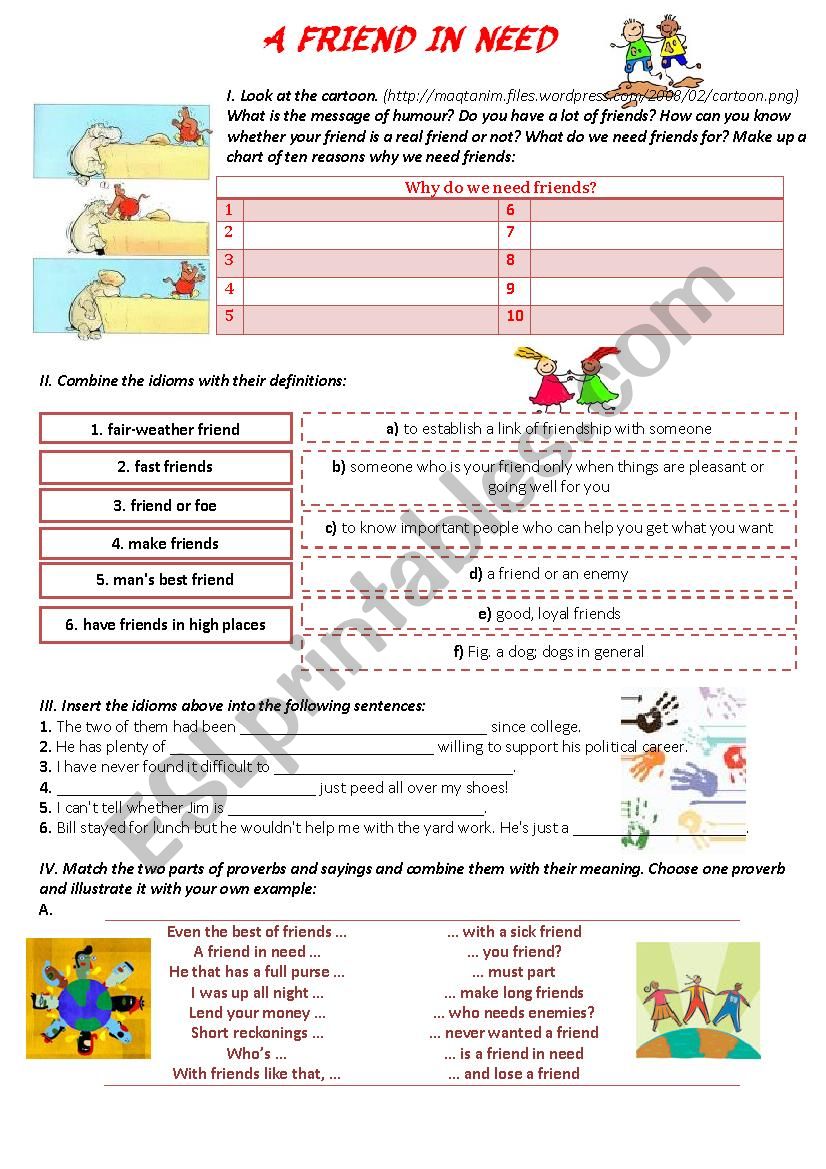 A friend in need worksheet