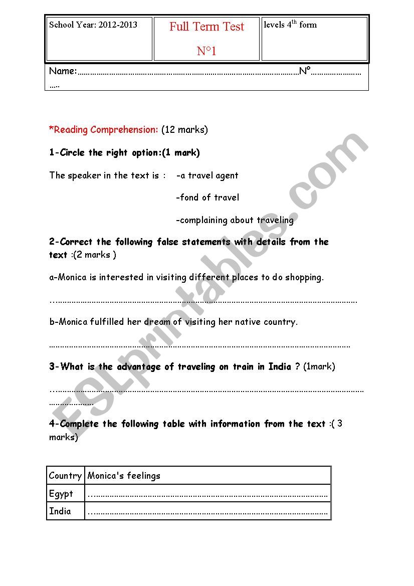 bac test, full term test n 1 worksheet