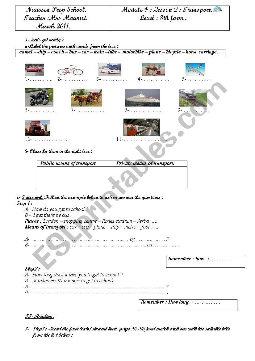 transport worksheet