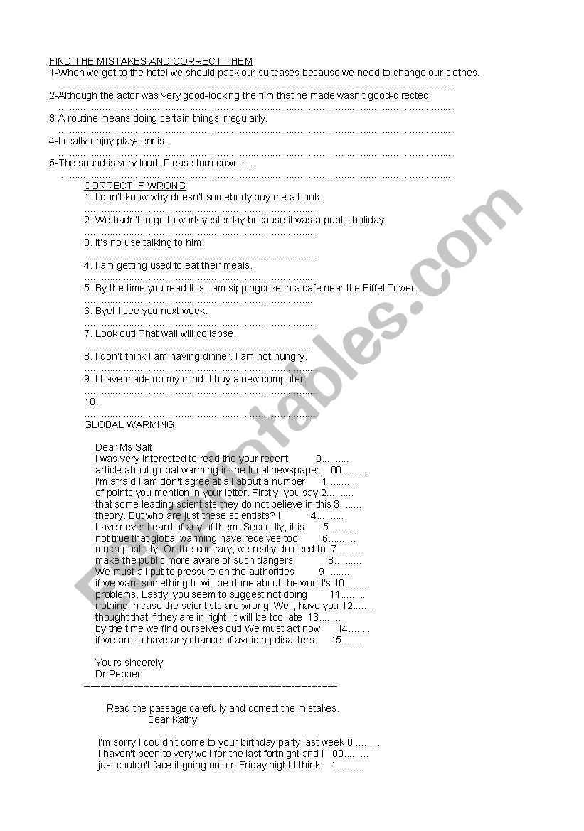 CORRECT THE MISTAKES worksheet