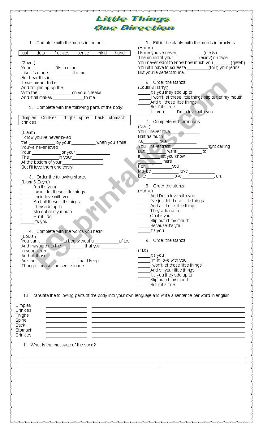 LITTLE THINGS (ONE DIRECTION) worksheet