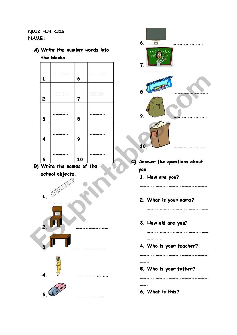 Quiz for kids worksheet