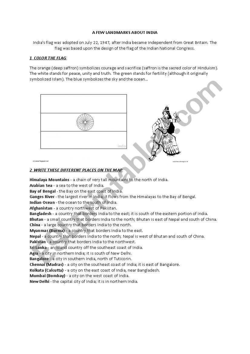 A FEW LANDMARKS ABOUT INDIA worksheet