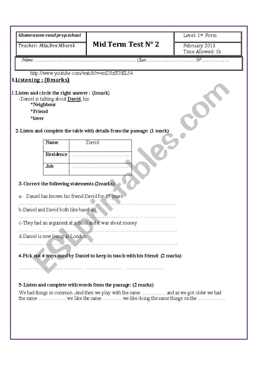 2nd mid-term test 1st form worksheet