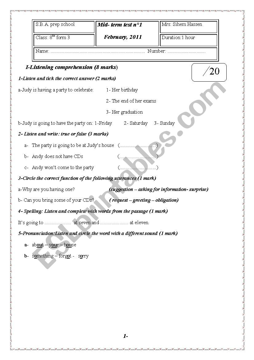 Mid-term  2 8th form test  worksheet