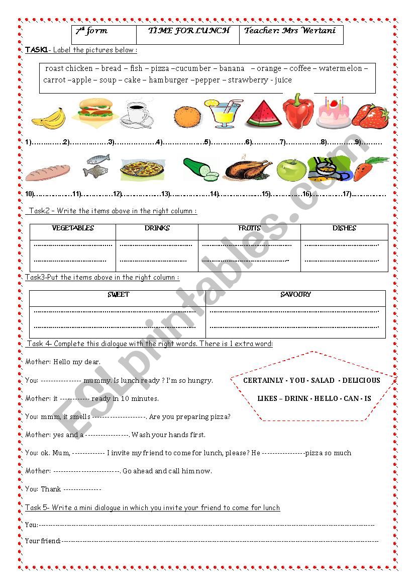 TIME FOR LUNCH 7 TH FORM worksheet