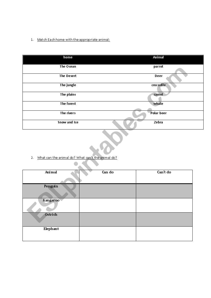 Animals and their habitates worksheet