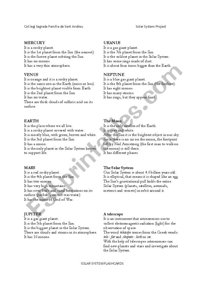 Solar System Flashcards Information -STUDENTS edition