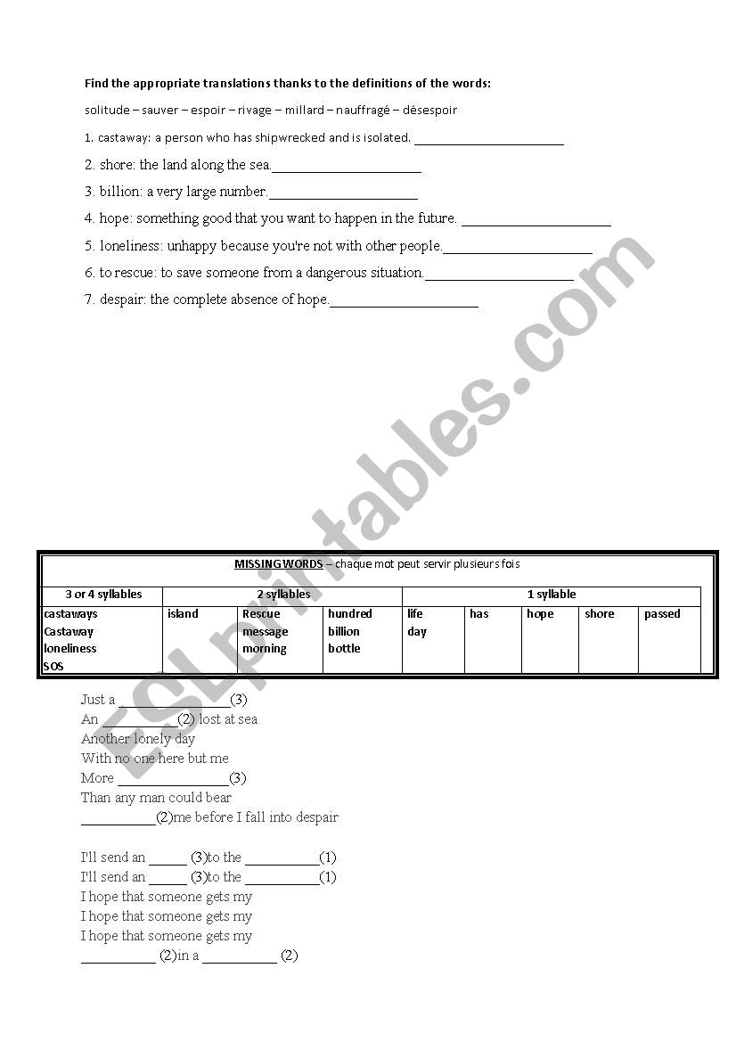 message in a bottle worksheet