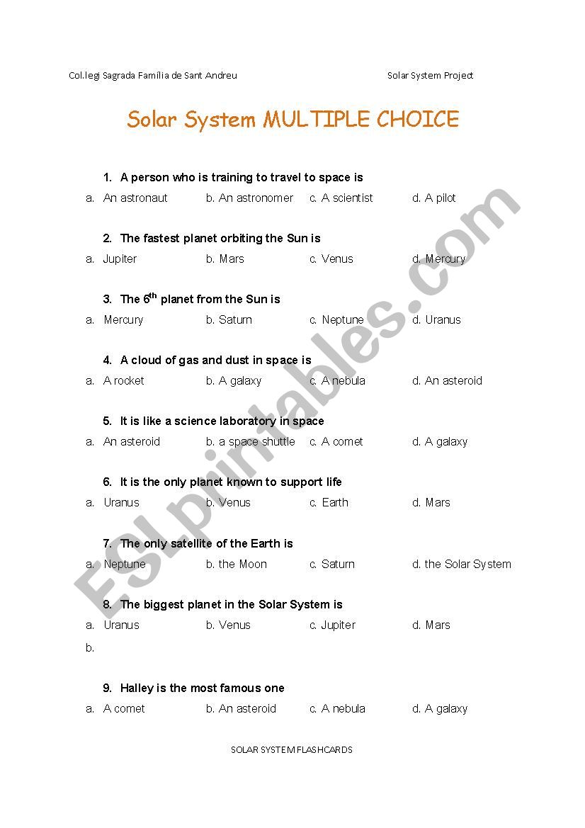 MULTIPLE CHOICE- Solar System Flashcards, Text for Students INFO