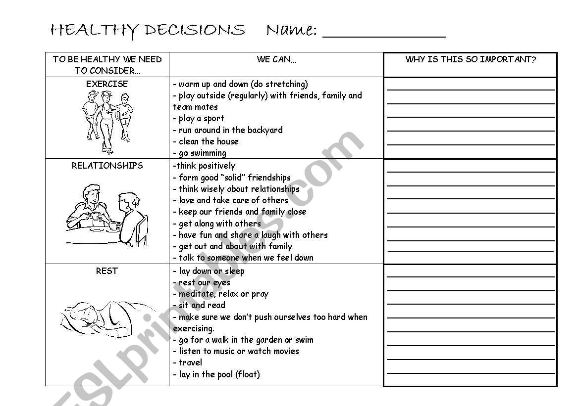 Healthy Decisions worksheet