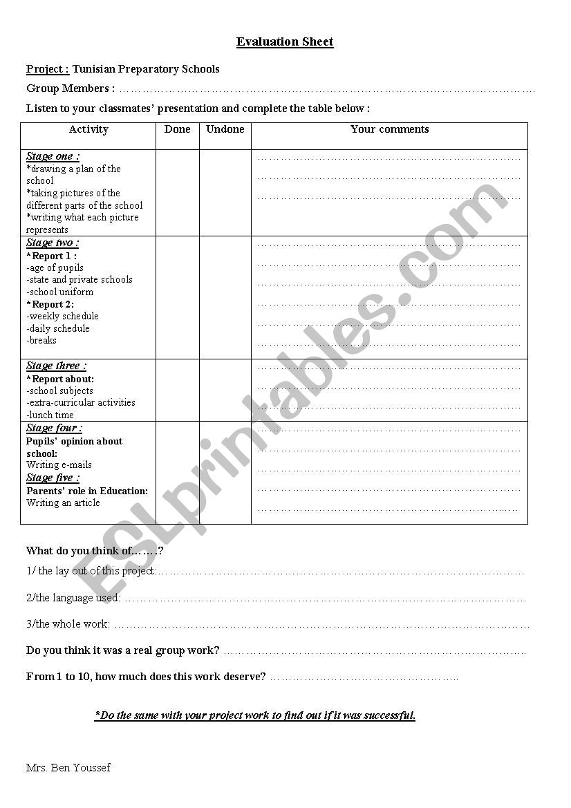 project work evalution sheet worksheet