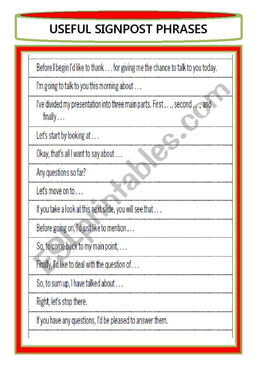 USEFUL SIGNPOST PHRASES worksheet