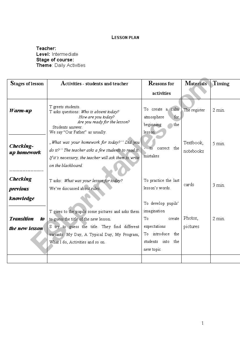 daily activities worksheet