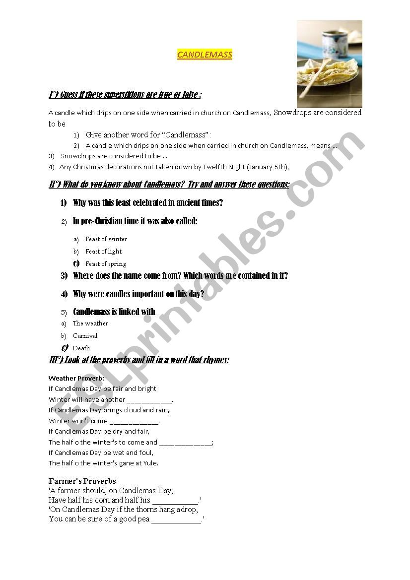 Candlemass feast worksheet