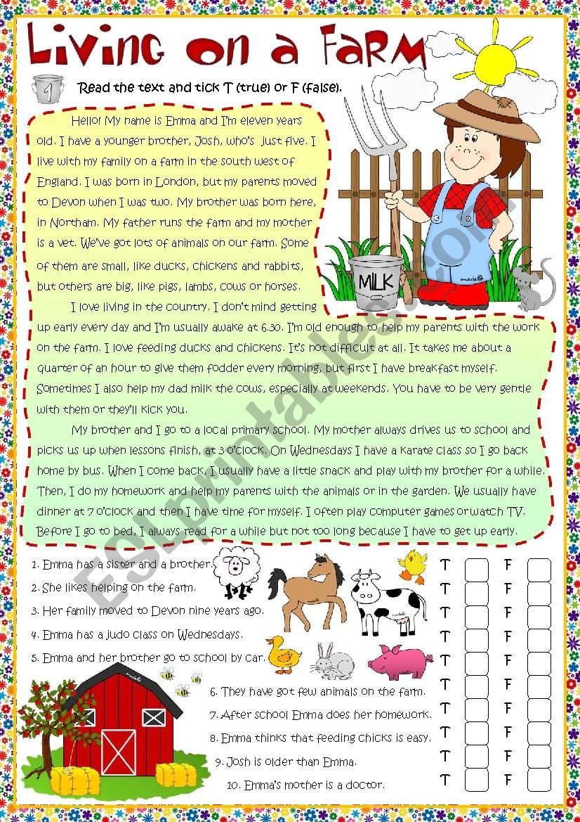 Living on a farm - reading worksheet