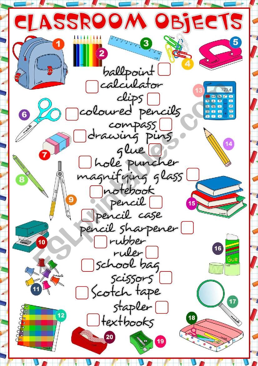 Classroom objects - matching worksheet