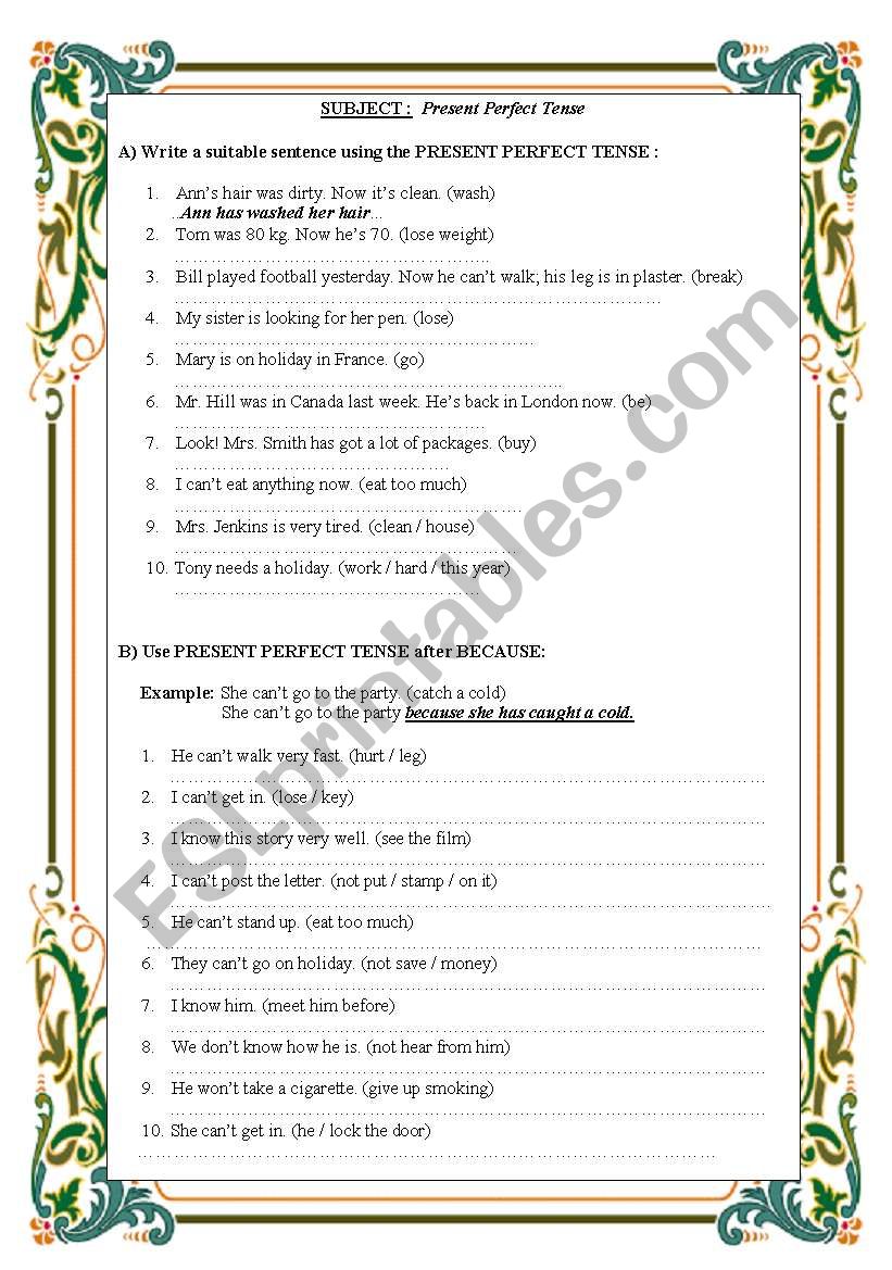 present perfect worksheet