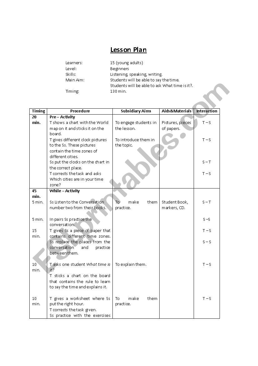 The hour worksheet