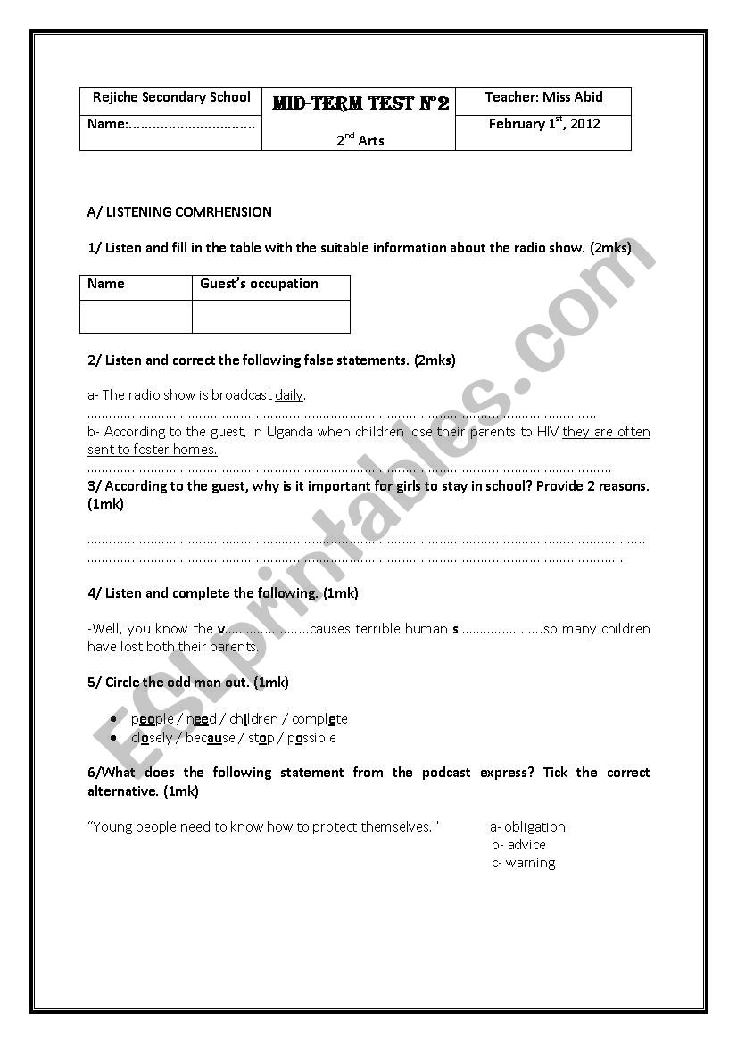 mid-term test n 2 for 2nd Arts Tunisian students