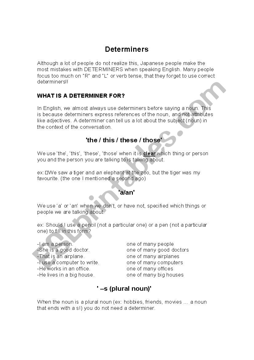 Determiners Guide worksheet