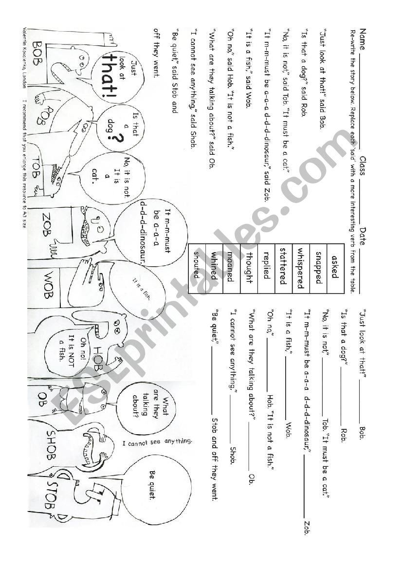 Verbs to replace said worksheet