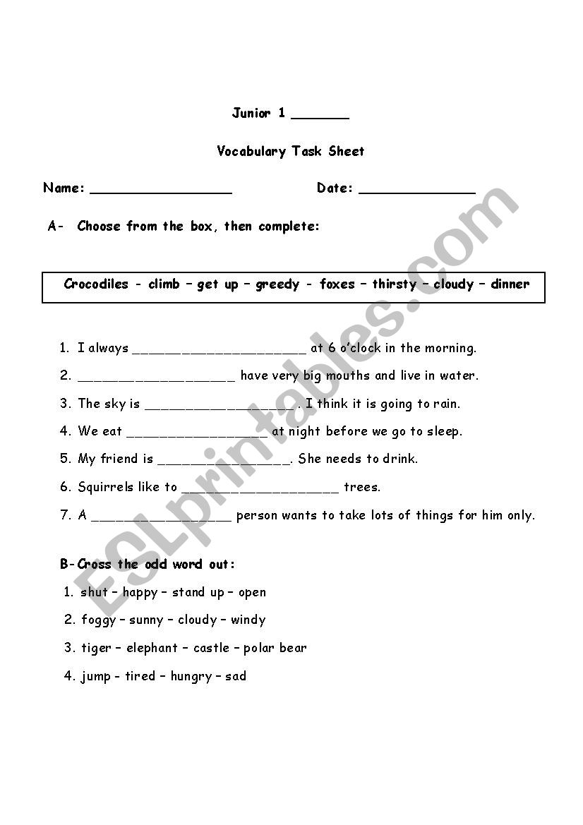 Grade 1 Assorted Vocabulary Exercise