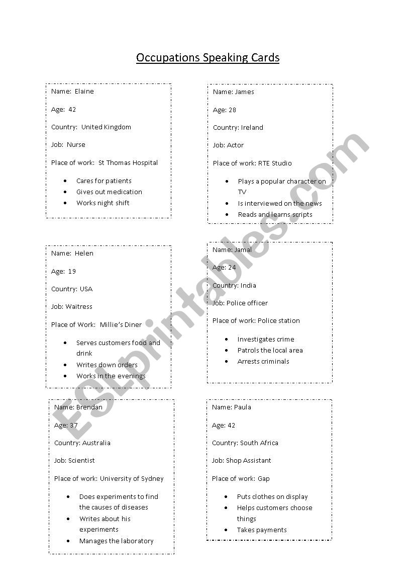 B&W Speaking Cards - Name, Age, Country, Job, Job Roles
