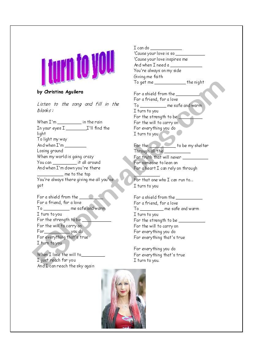Song: I turn to you worksheet