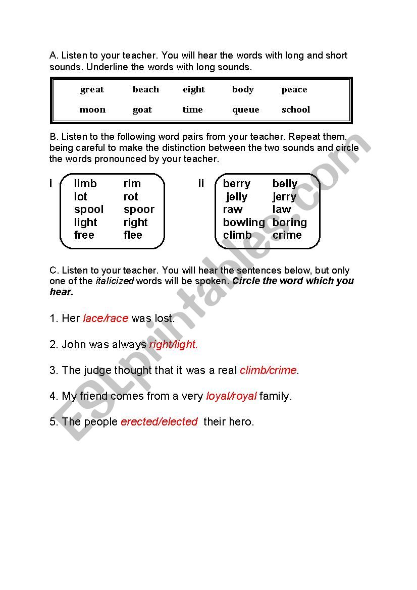 long and short sounds worksheet