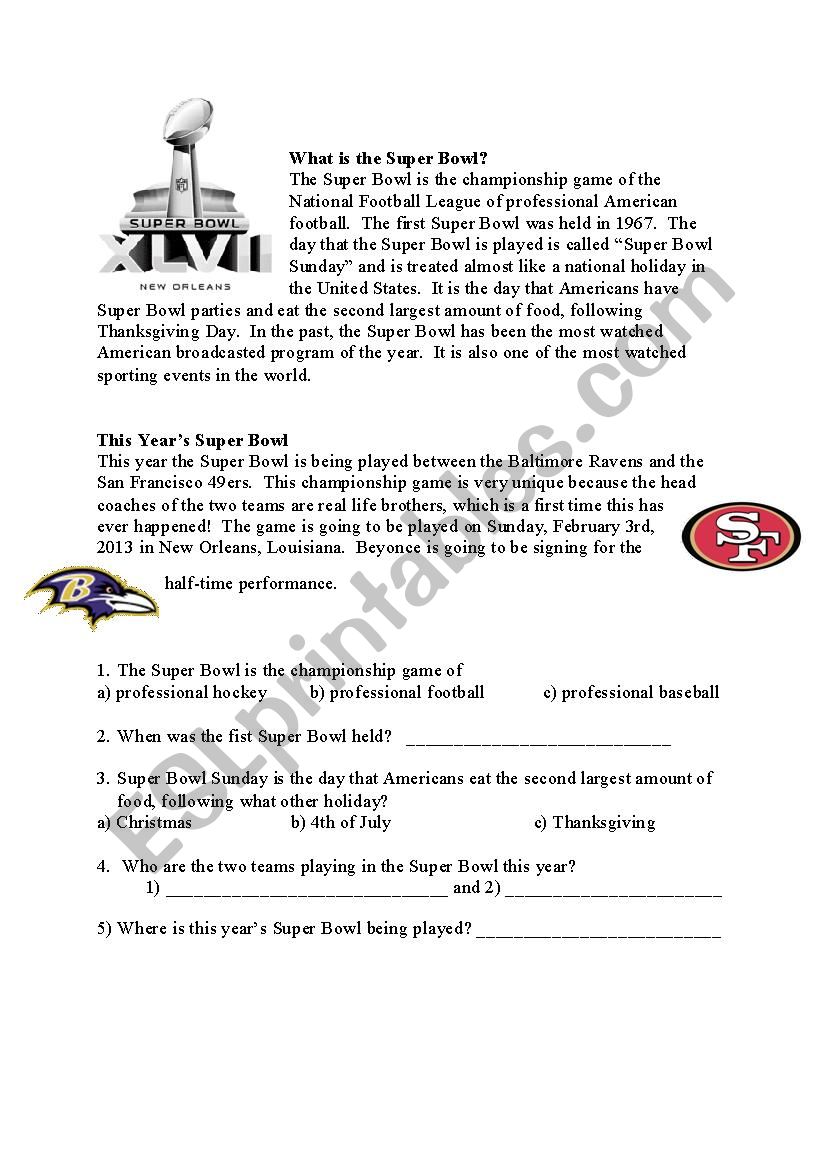 Super Bowl 2013 worksheet