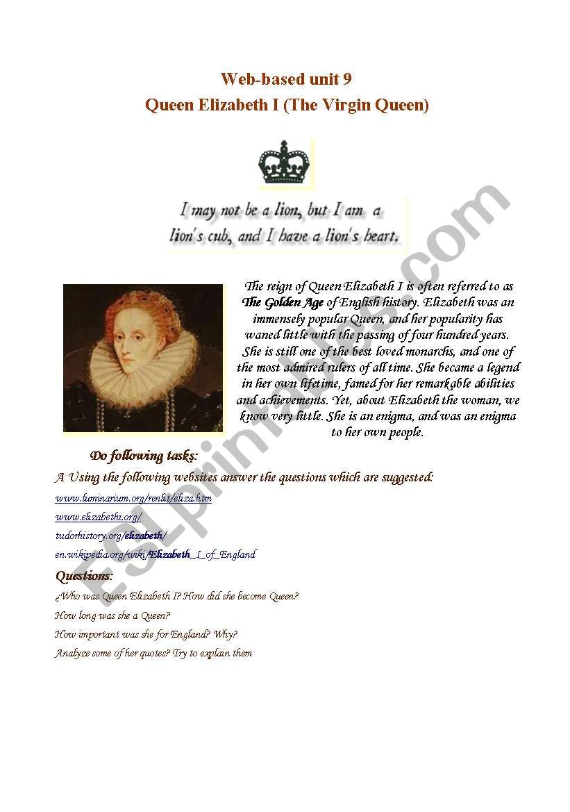 Elizabeth I the Irish Queen worksheet