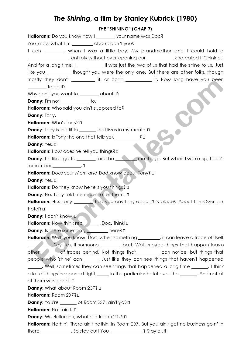 The Shining comprehension worksheet