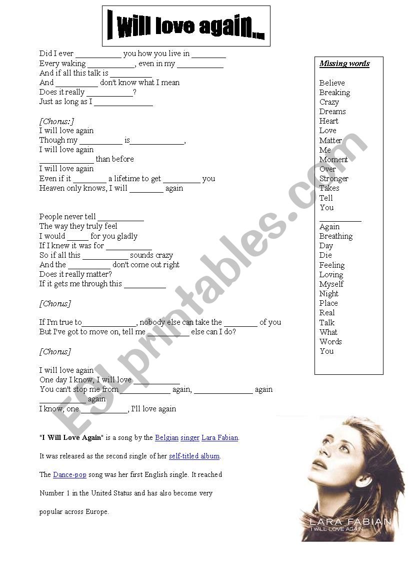 I will love again!! worksheet