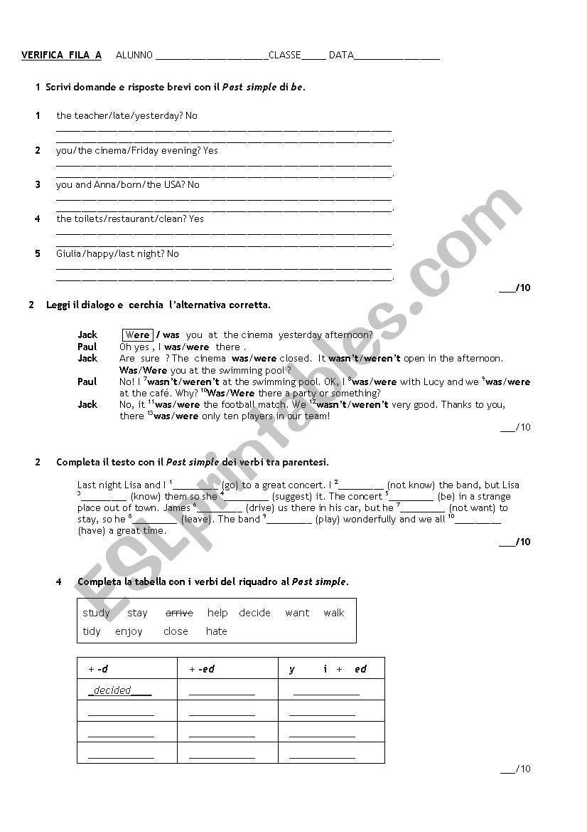 TEST  SIMPLE PAST  worksheet